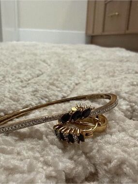 Gold and Black Crystal Bangle and Ring Set - Elegant Women’s Jewelry